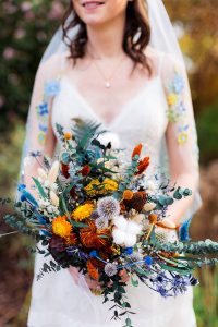 Detail shot of a beautiful fall wedding flower bouquet.