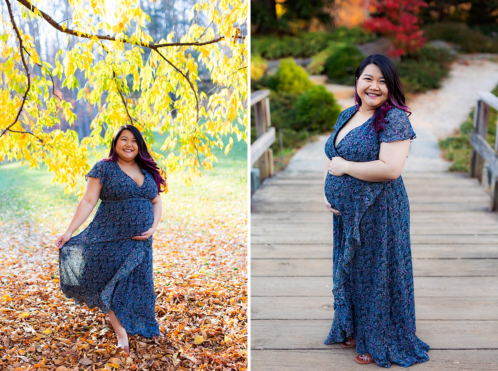 A pregnant woman holds her belly under a tree with fall leaves. 