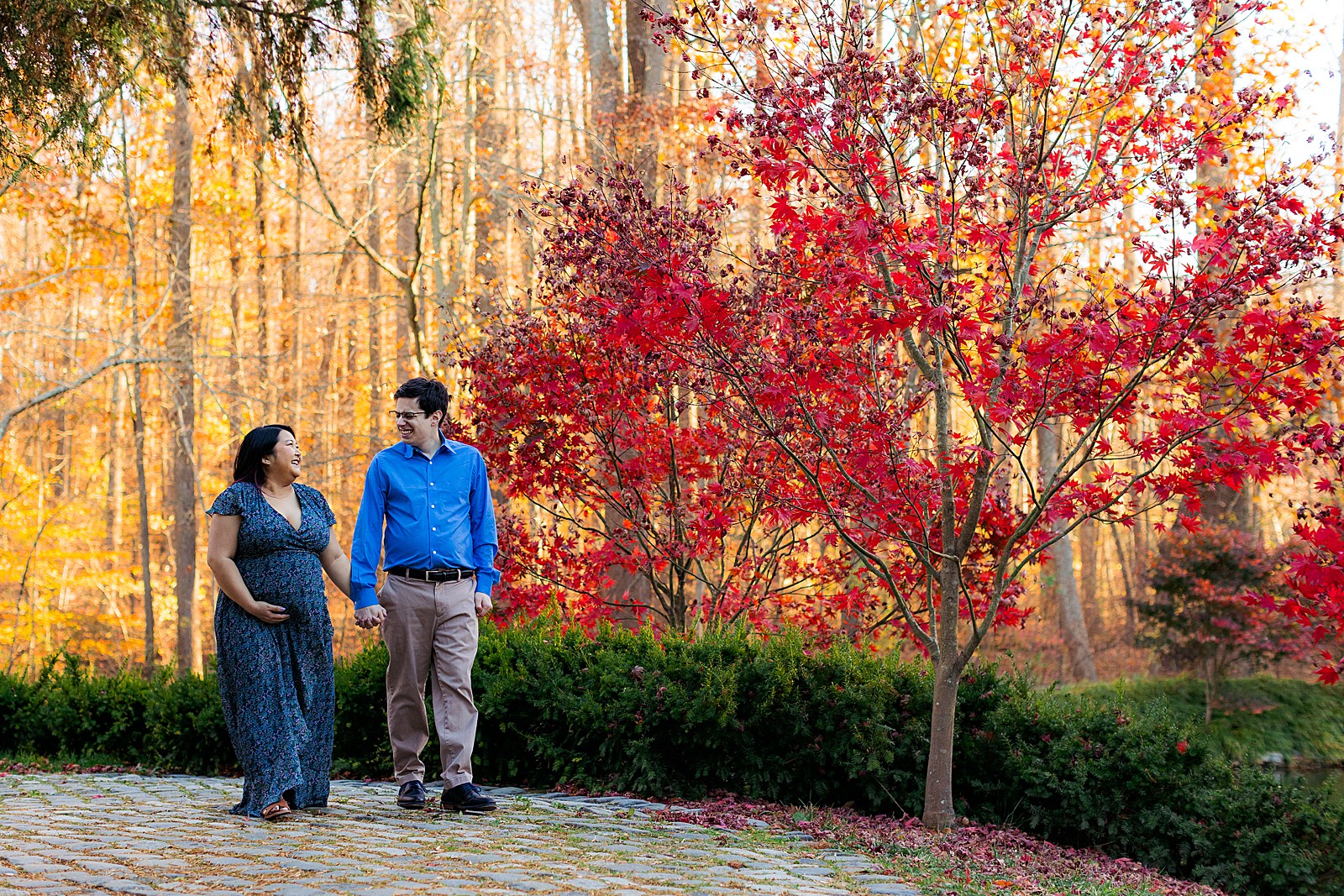 A couple walks together holding hands at their Brookside Gardens maternity session. 